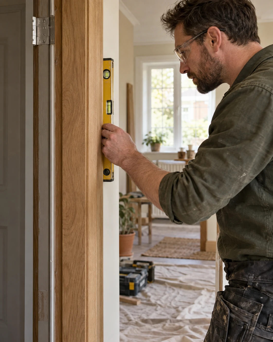 Carpenter checking an oak door lining with a spirit level