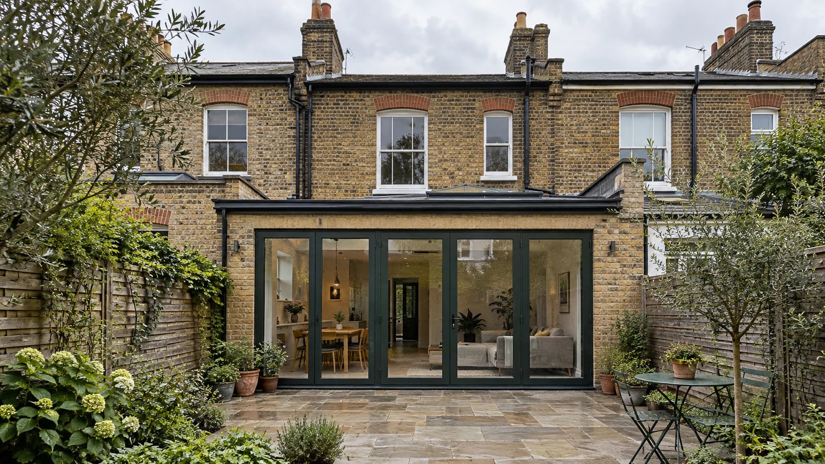 London brick terrace with a glazed rear extension and paved garden