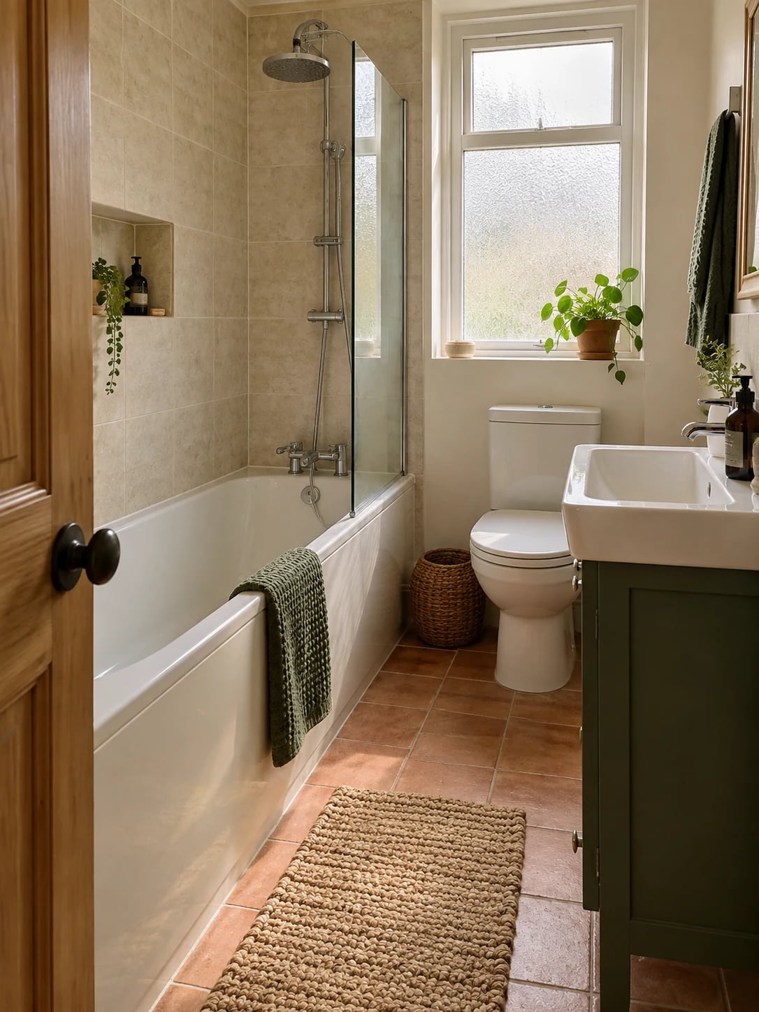 Compact bathroom with a bath, glazed shower screen and terracotta floor