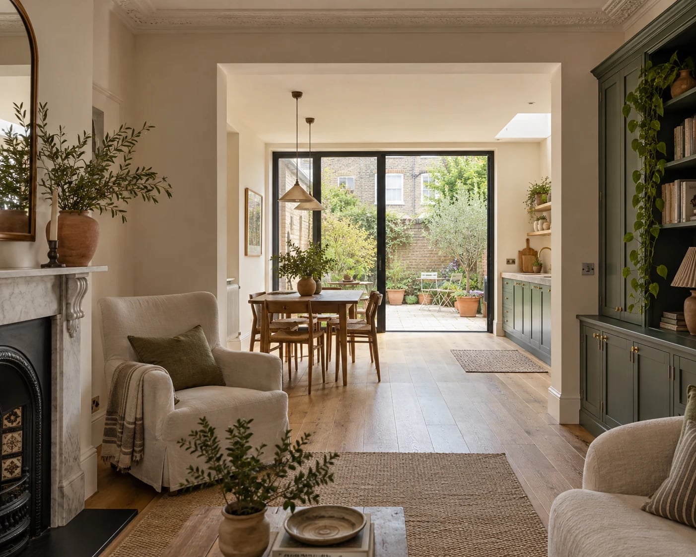 Oak-floored sitting room opening onto a bright rear extension and garden