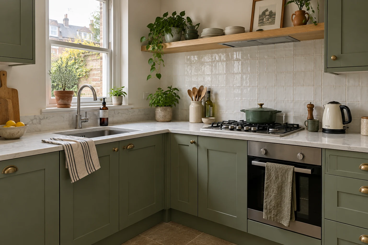 Sage kitchen cabinetry with pale worktops and a tiled splashback