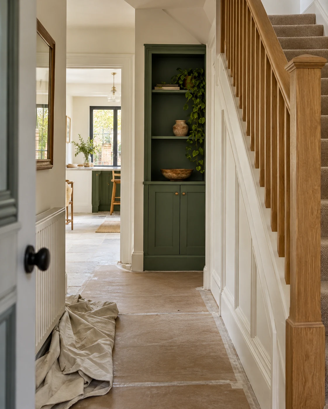 Freshly finished hallway joinery with protective covering on the floor