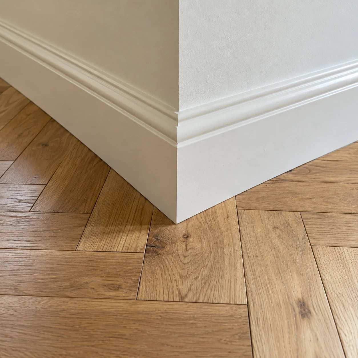 Mitred ivory skirting meeting an oak herringbone floor