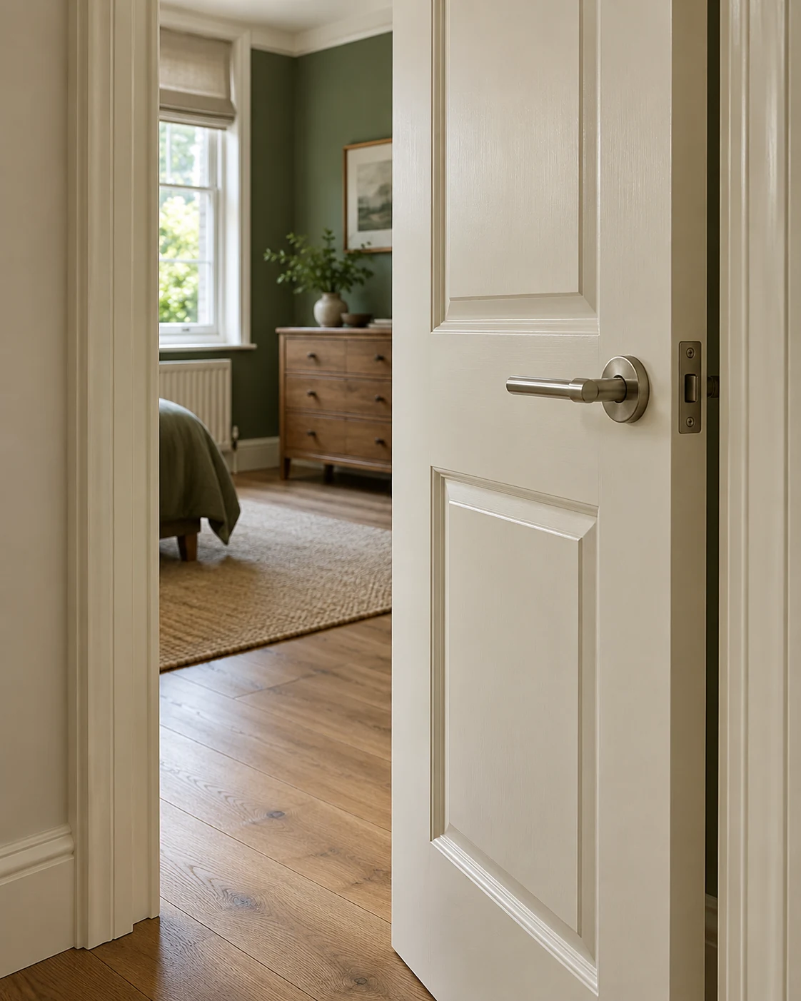 Finished panelled door with nickel handle and neatly fitted architrave