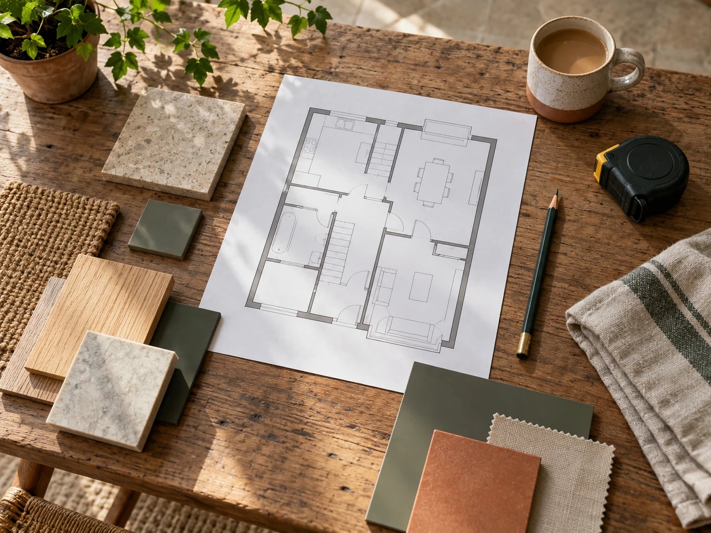Floor plan, pencil and material samples on an oak planning table