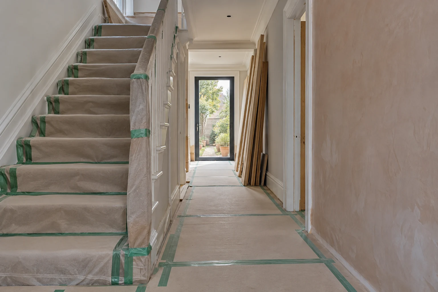 Protected hallway and staircase during renovation work