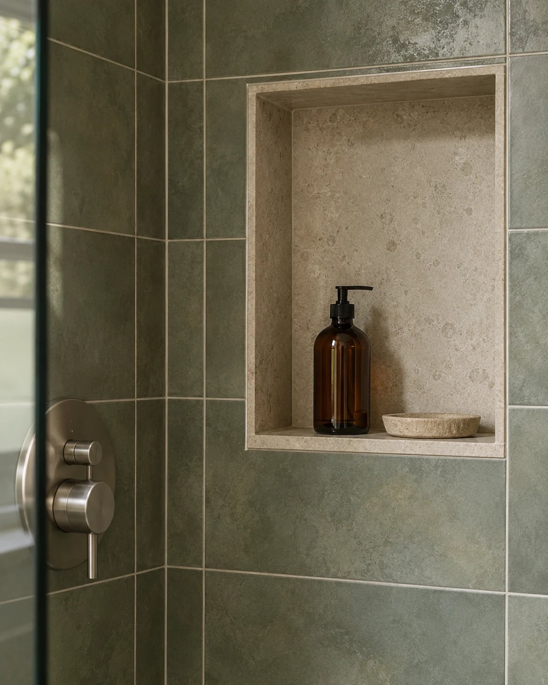 Tiled shower niche with a stone shelf and plain amber bottle