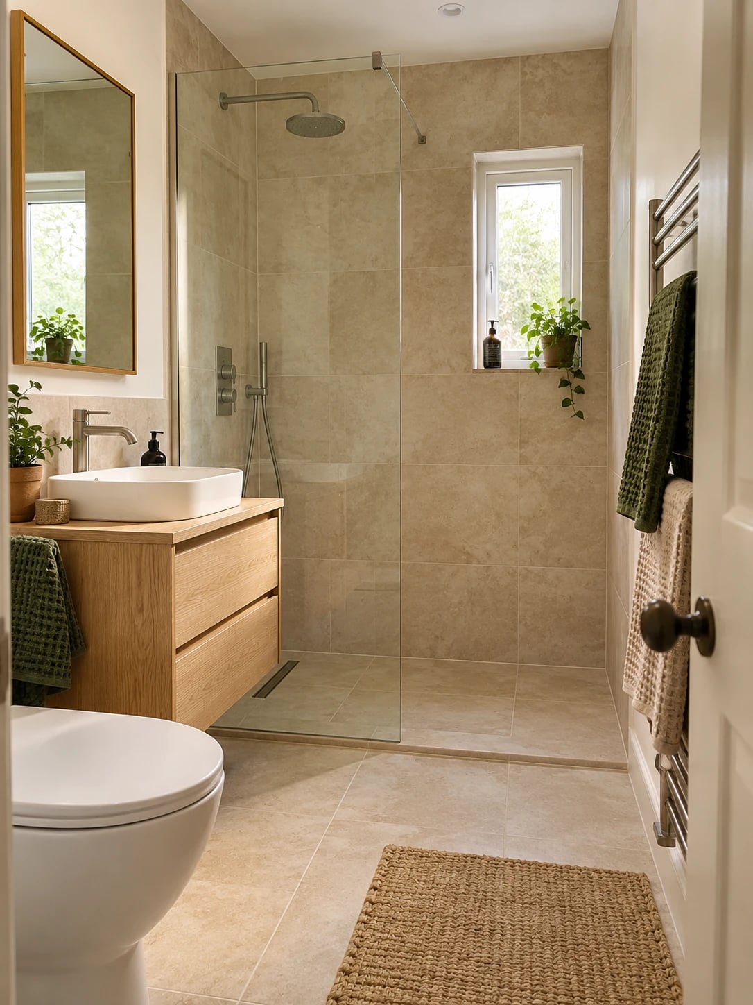 Stone-tiled en-suite with a glazed shower and oak vanity