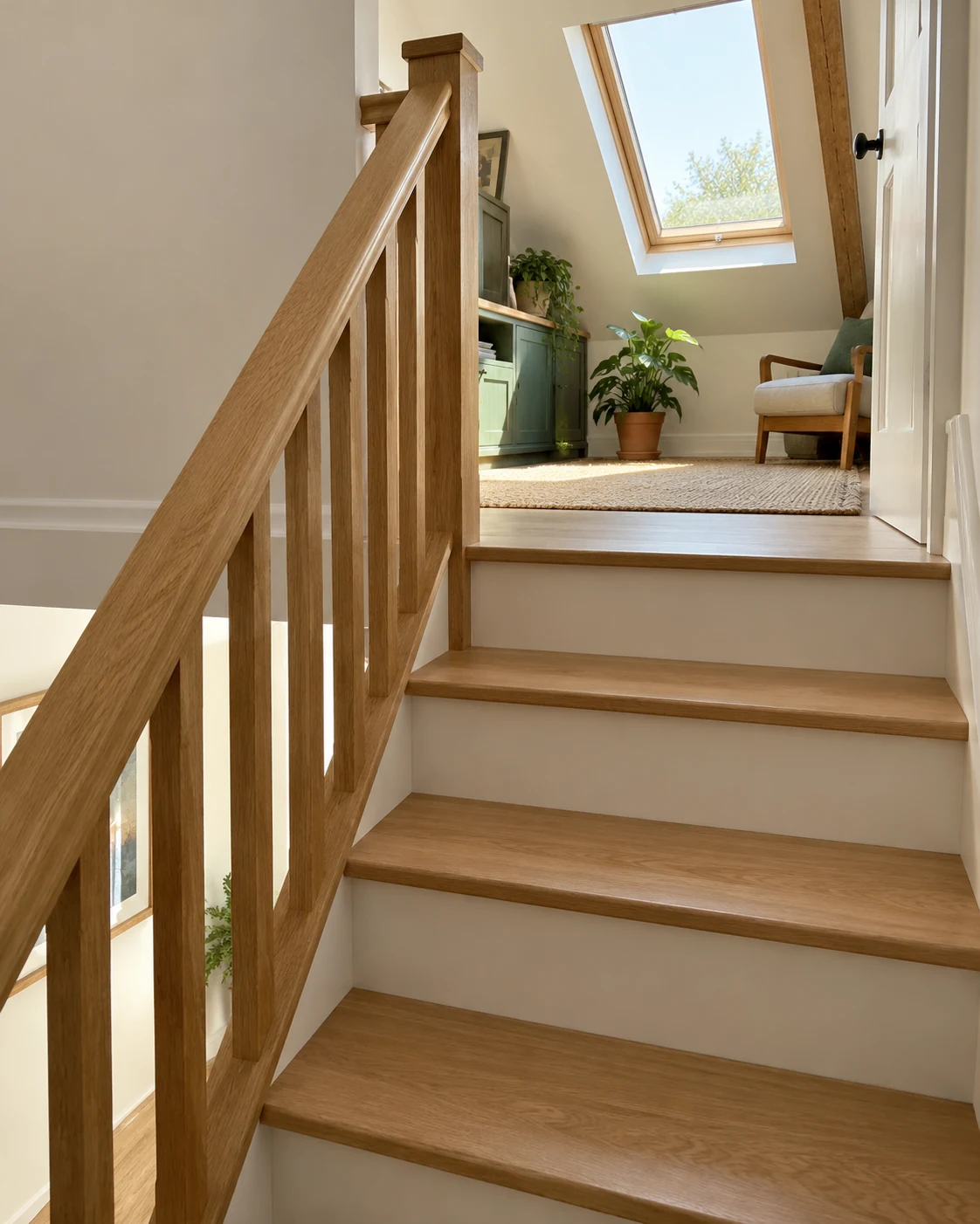 Oak staircase and balustrade leading to a bright loft landing