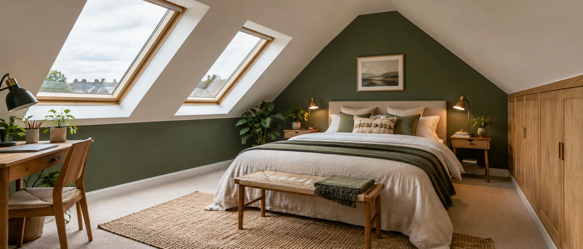 Loft bedroom with sloping ceilings, roof windows and fitted storage