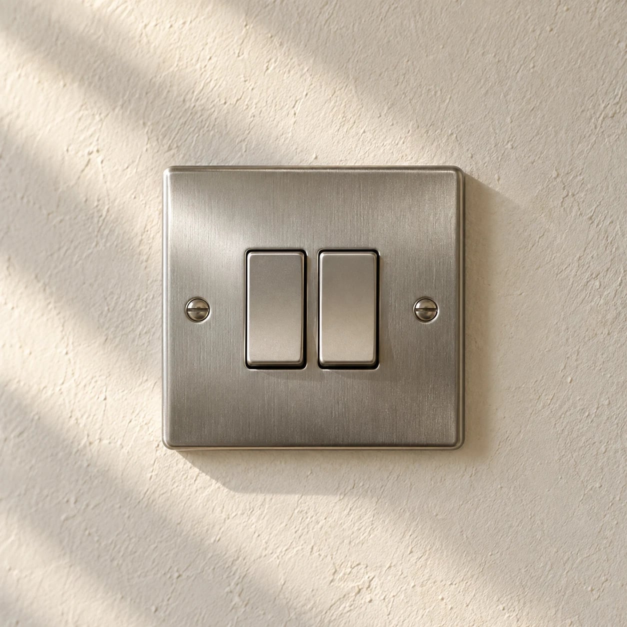 Brushed steel double light switch fitted to an ivory plaster wall