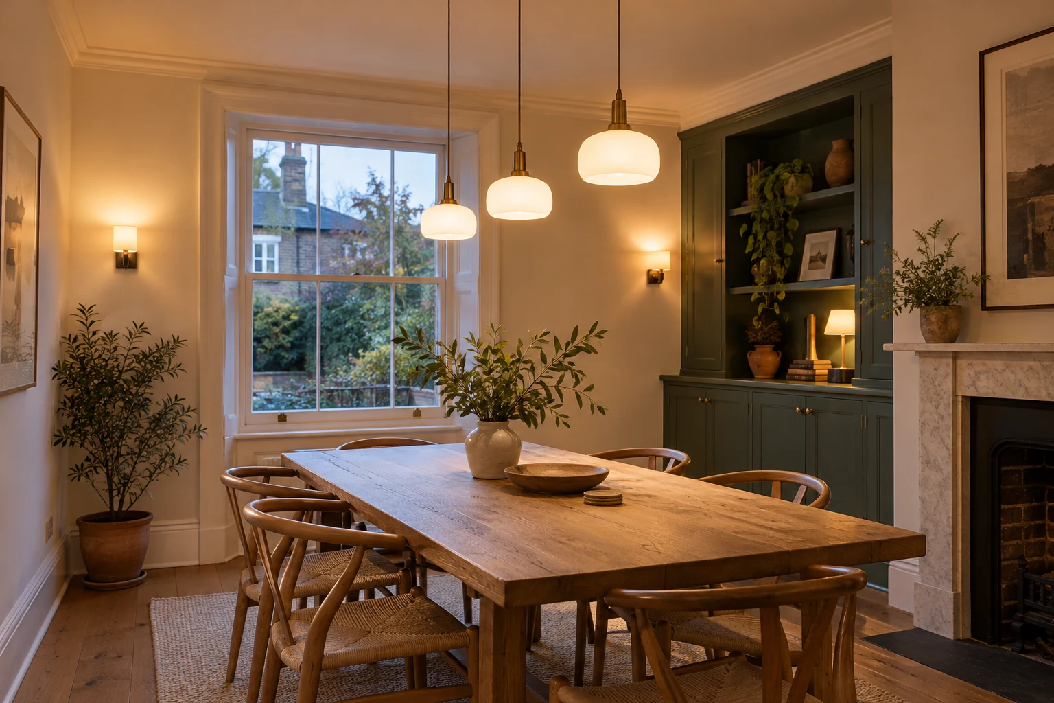 Dining room with warm pendant and wall lighting