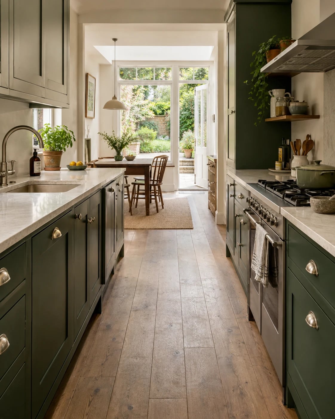 Forest-green galley kitchen with pale worktops and oak floorboards