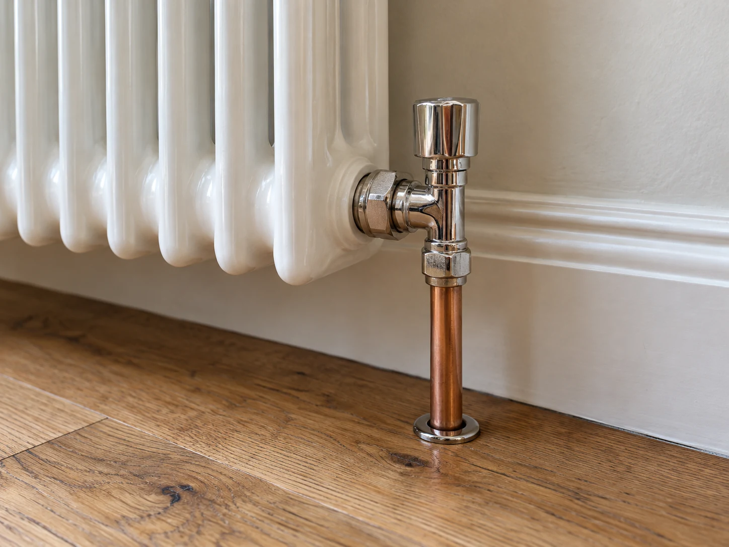 Radiator valve and pipe connection above an oak floor