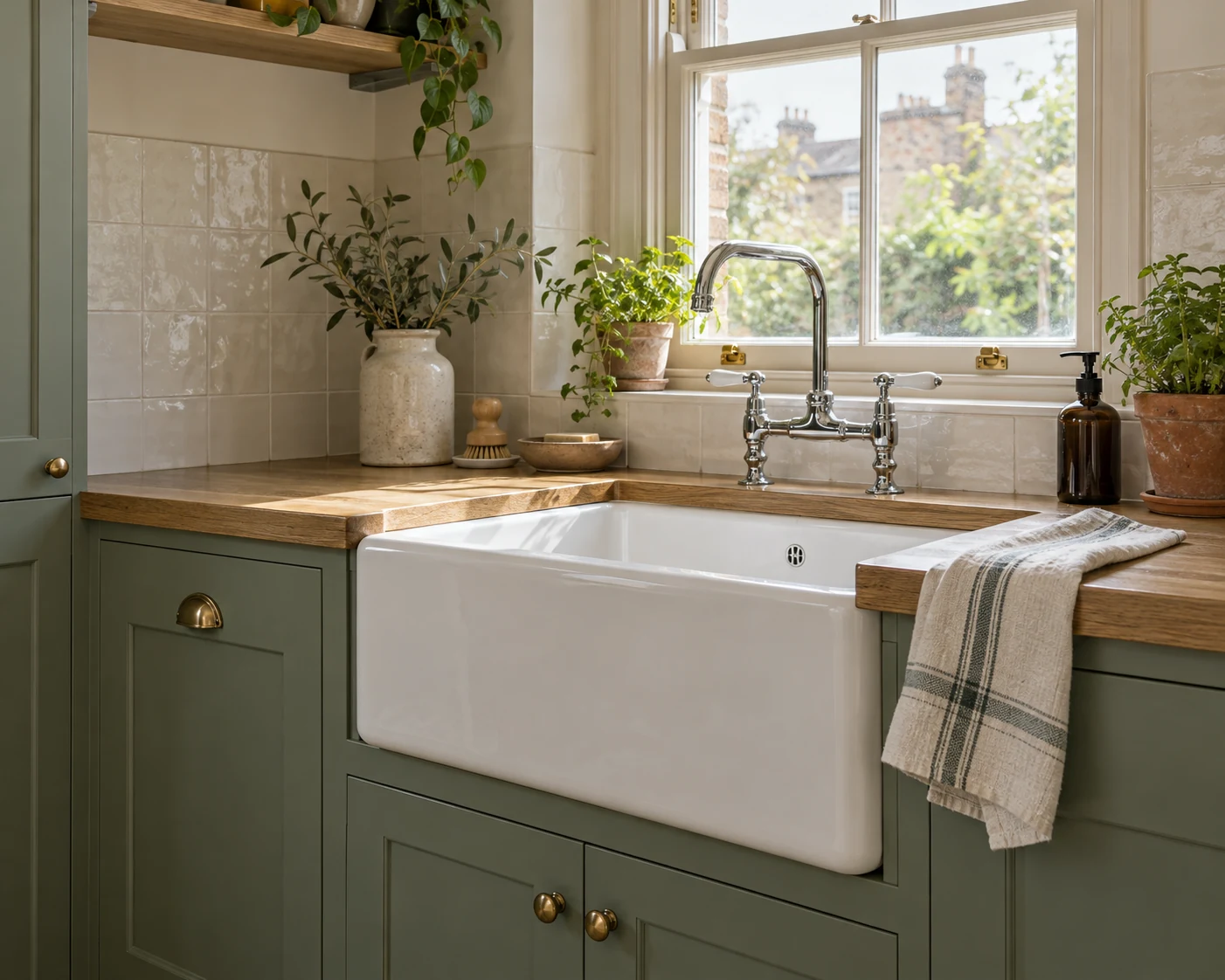 Ceramic utility sink with a chrome mixer and sage cabinetry