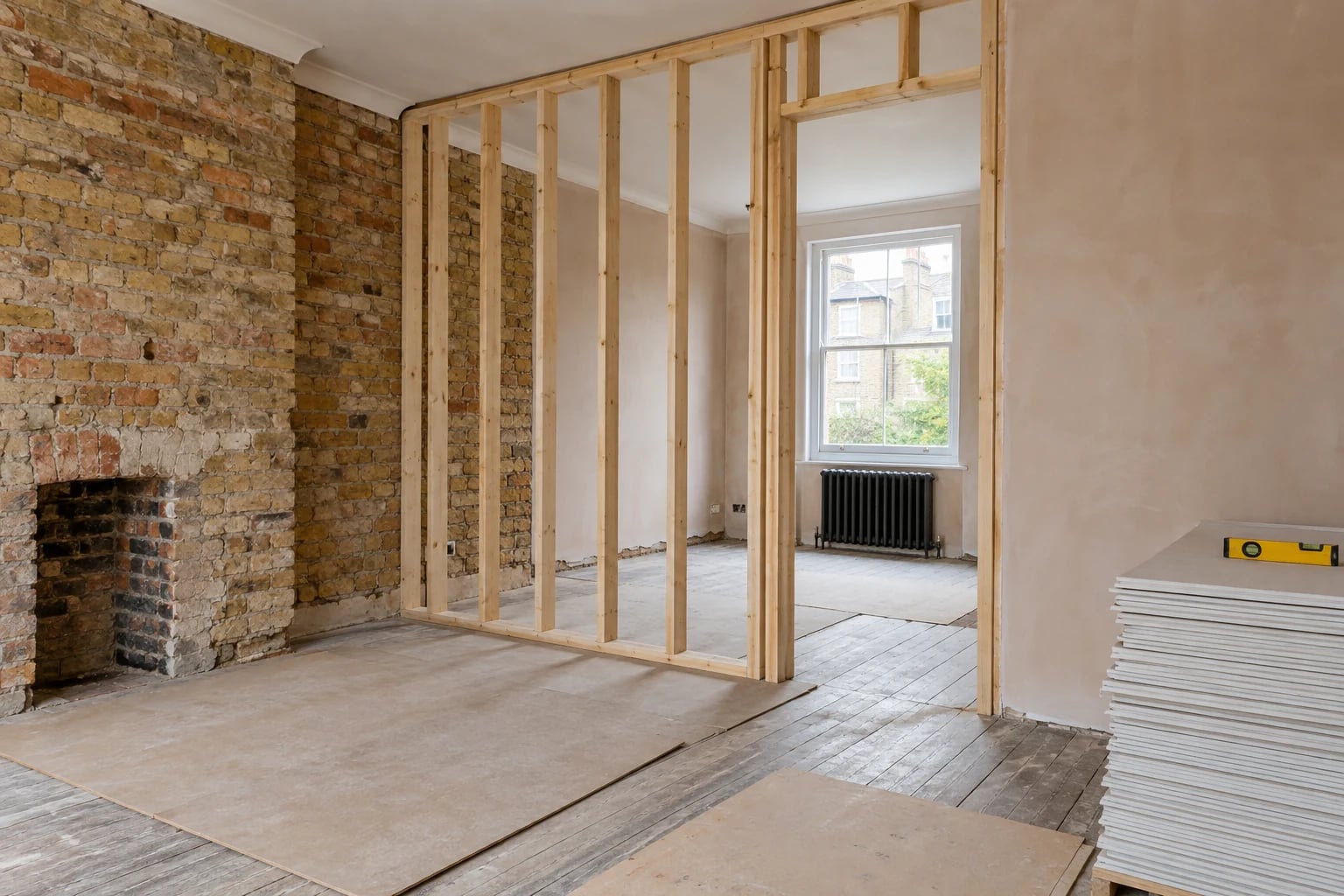 Renovation in progress with timber framing and protected floors