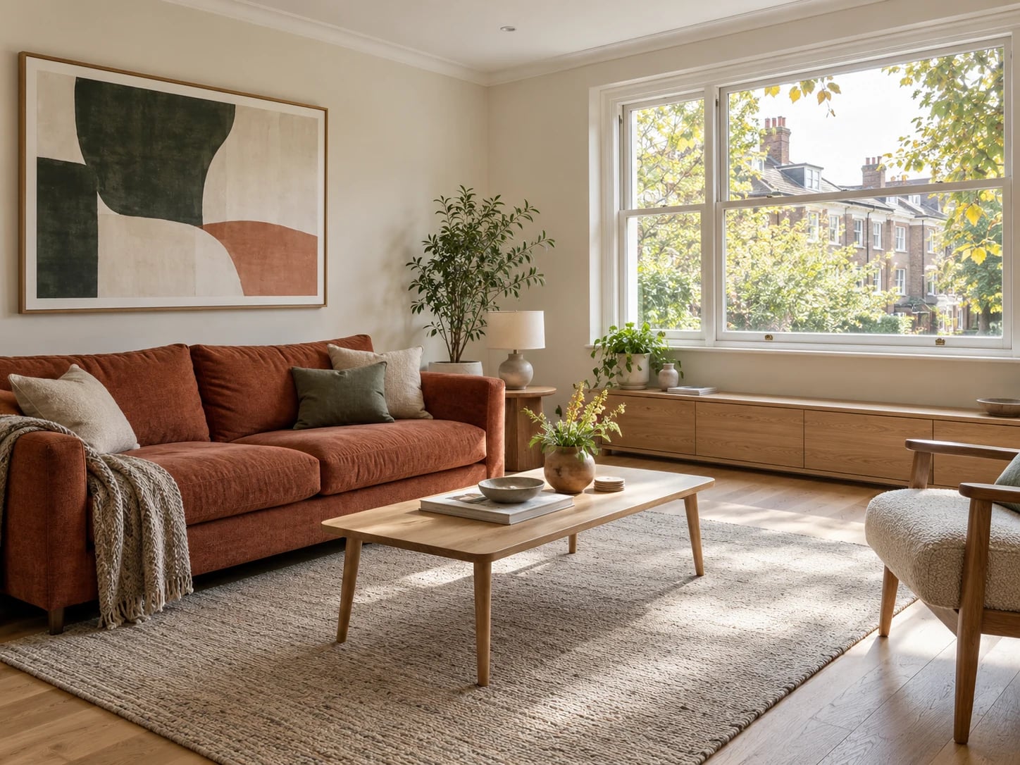 Renovated living room with a rust linen sofa, oak flooring and window bench