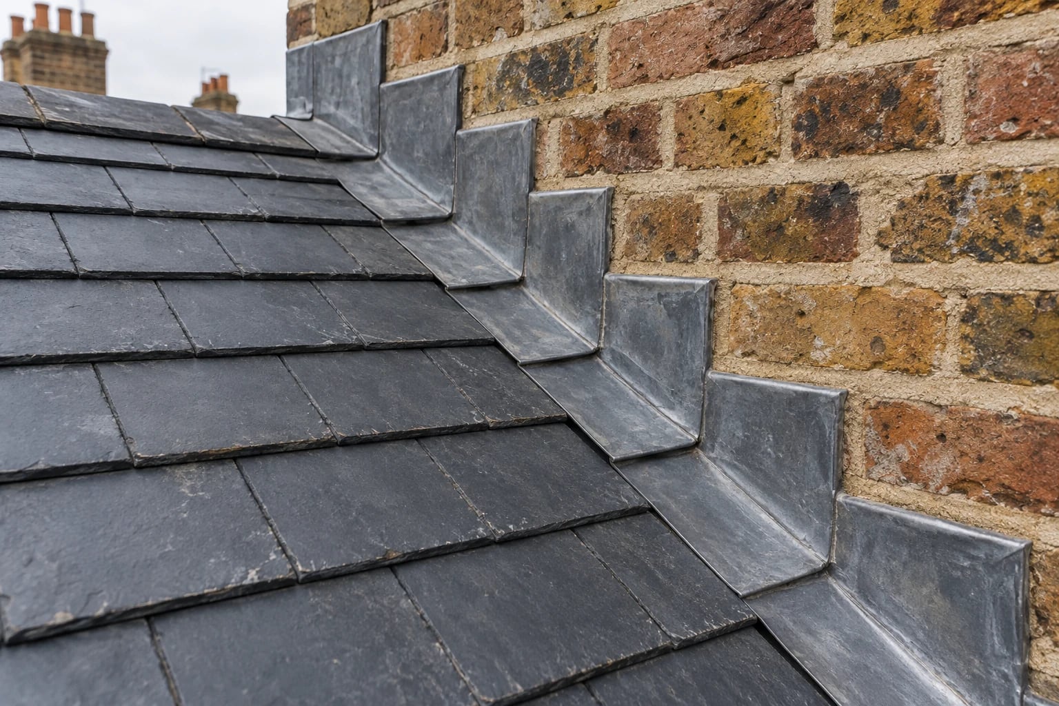 Lead step flashing where a slate roof meets a brick wall
